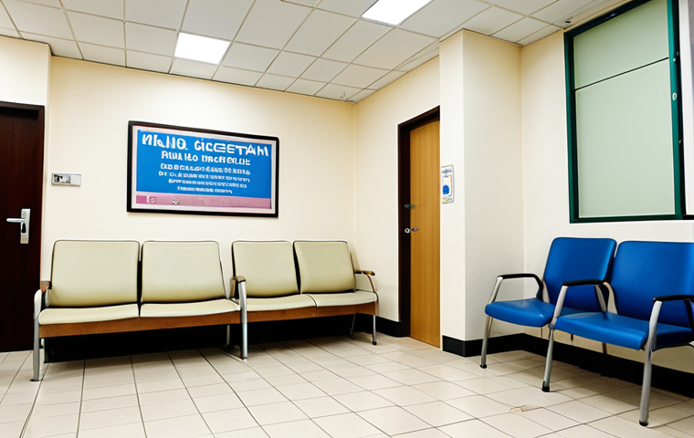 A welcoming waiting area in a "Klinik Kesihatan" (Public Health Clinic) in Malaysia, showcasing diverse individuals comfortably waiting for skin consultations, emphasizing accessibility and affordability of public healthcare.